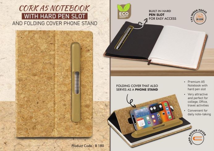 Cork A5 Notebook with Hard Pen Slot and Folding cover Phone Stand