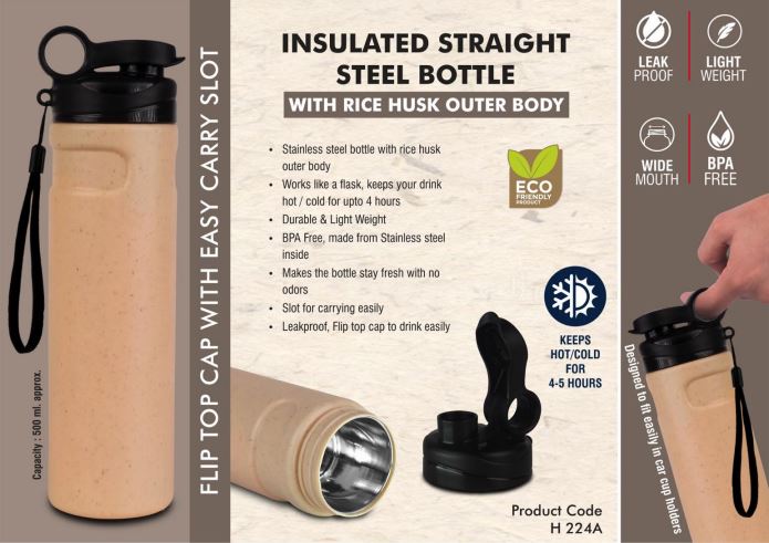 Insulated Steel Straight Bottle with Rice Husk Outer Body